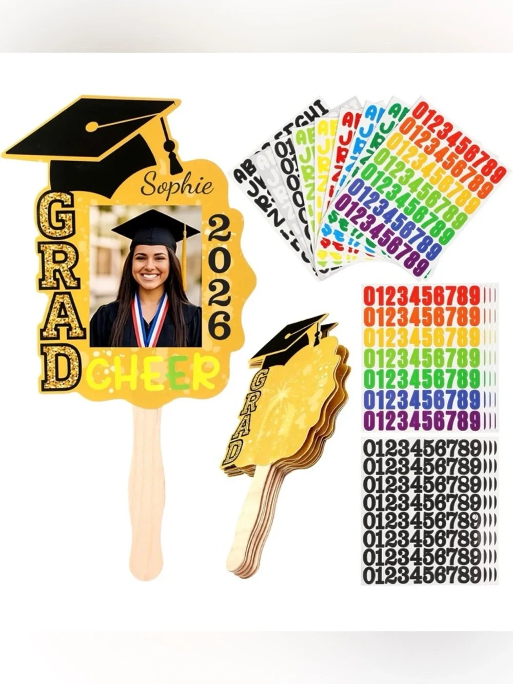 12 Pcs Graduation DIY Paper Fans Handheld Set Grad Face Fans w/ Number Alphabet